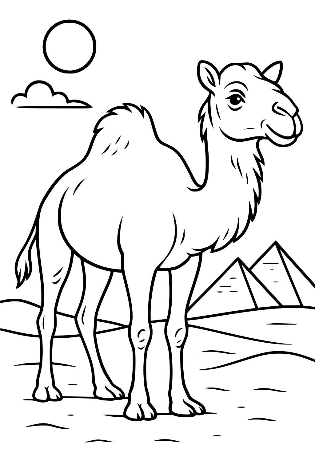 Camel with one hump standing in front of pyramids and sand dunes under a sun and cloud.