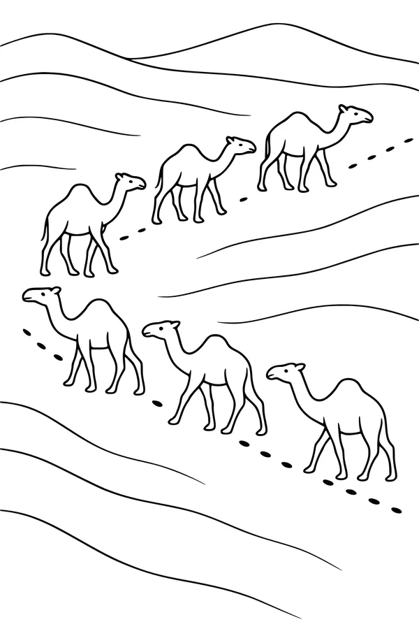 Free Camel Coloring Page - Parade Over Desert Hills (Printable PDF)