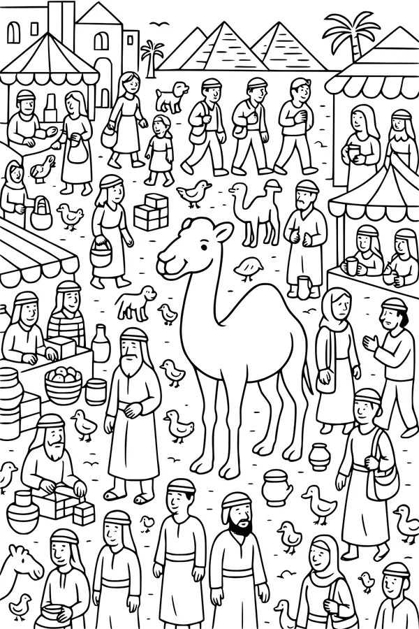 Free Camel Coloring Page - Friendly Camel in Desert Market (Printable PDF)