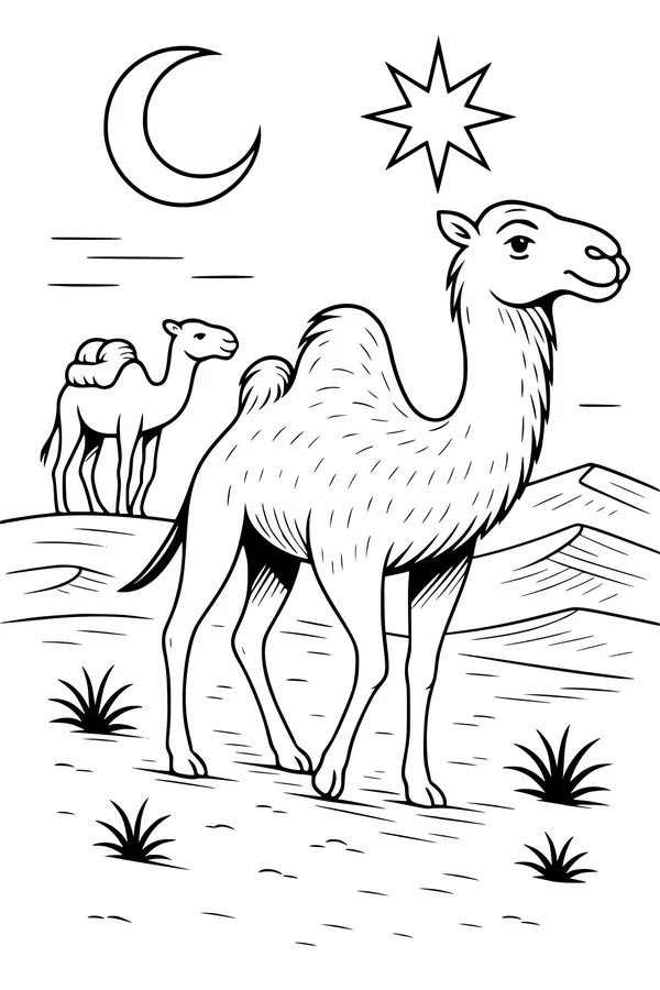 Free Camel Coloring Page - Two Camels in Desert Night Scene (Printable PDF)