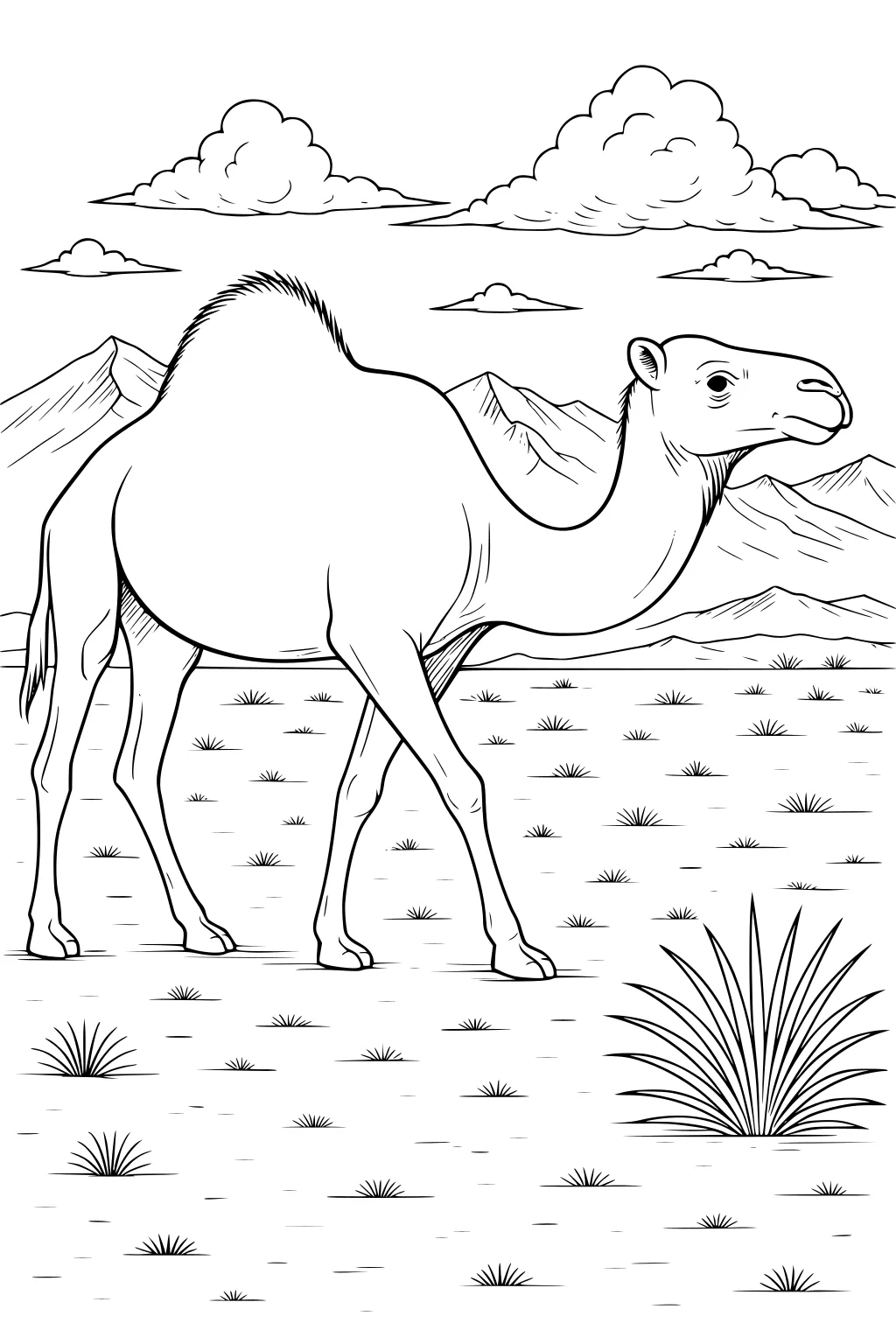 A camel with one hump walks in a desert with grass clumps, a large bush, mountains, and clouds in the sky.