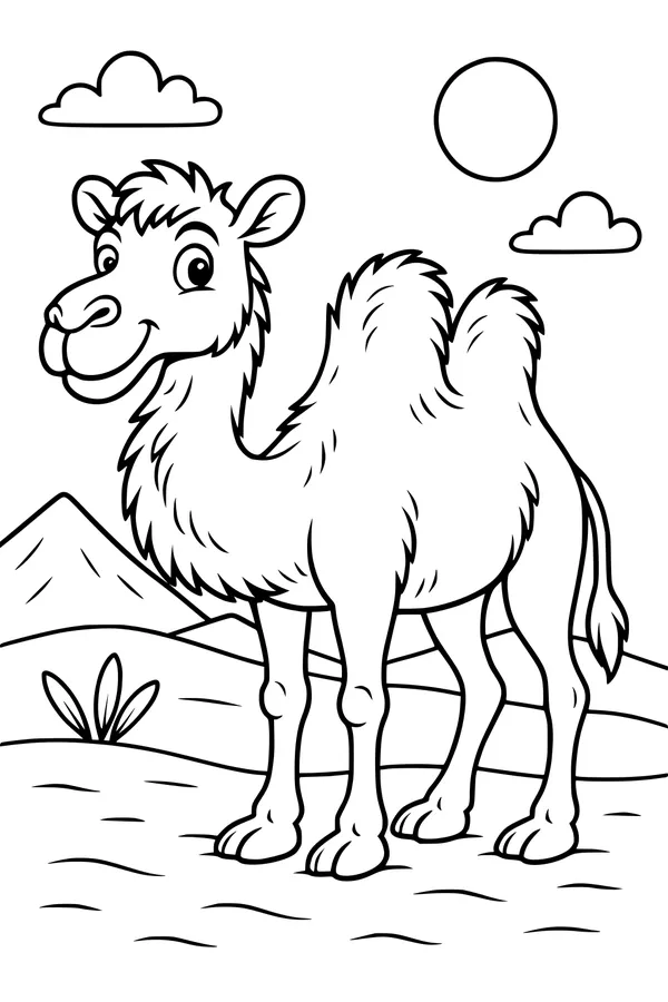 Free Camel Coloring Page - Cute Cartoon in Sunny Desert (Printable PDF)