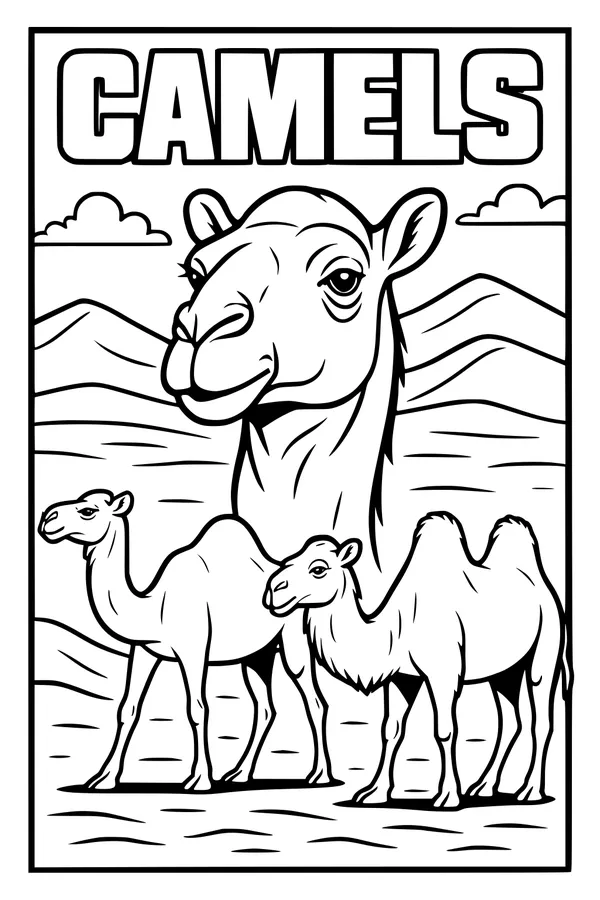 Free Camel Coloring Page - Three Camels in Sunny Desert Scene (Printable PDF)