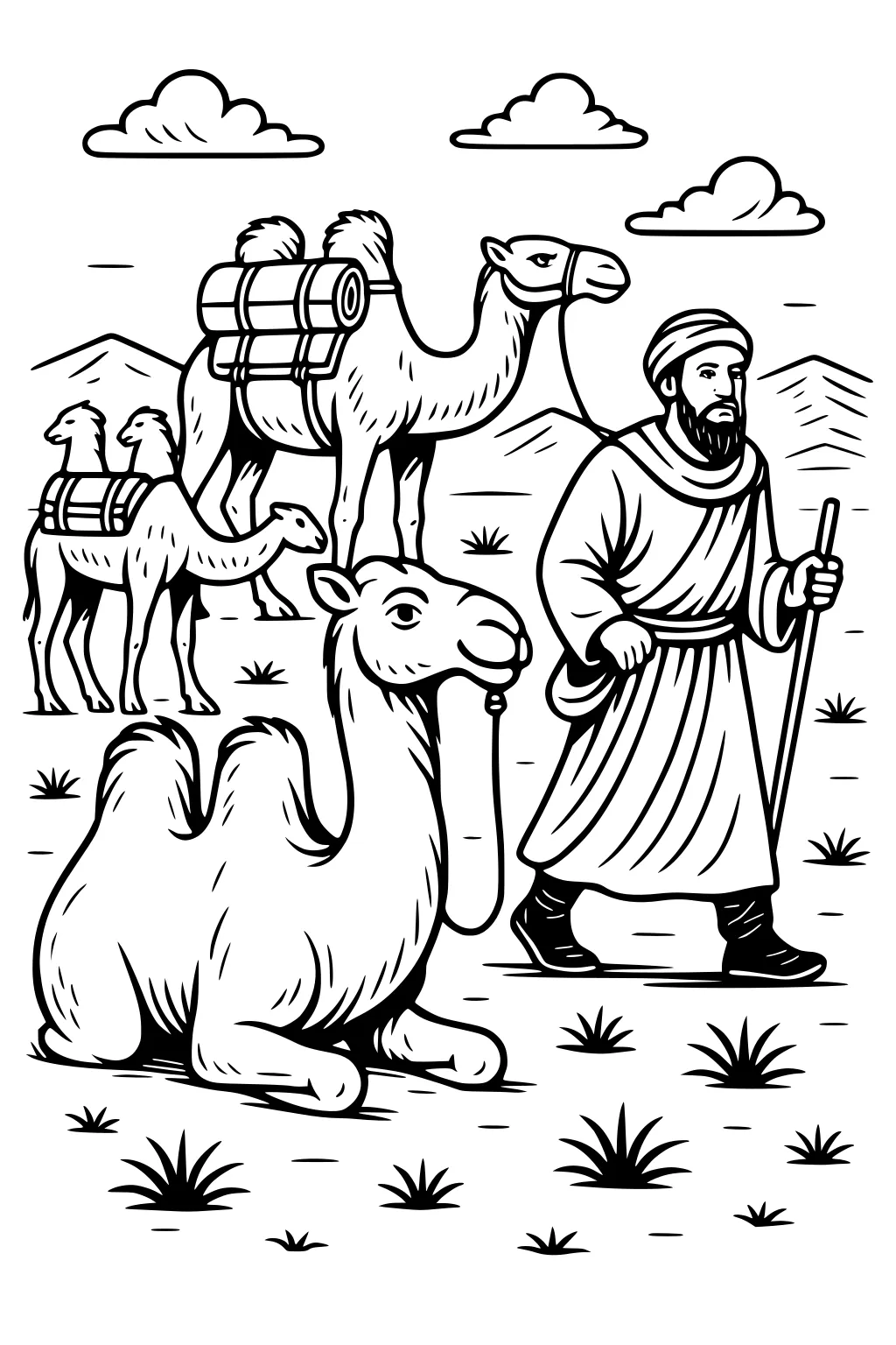 A man in a robe leads three camels. One camel sits, the others carry bundles. Grassy desert, mountains, and clouds fill the background.