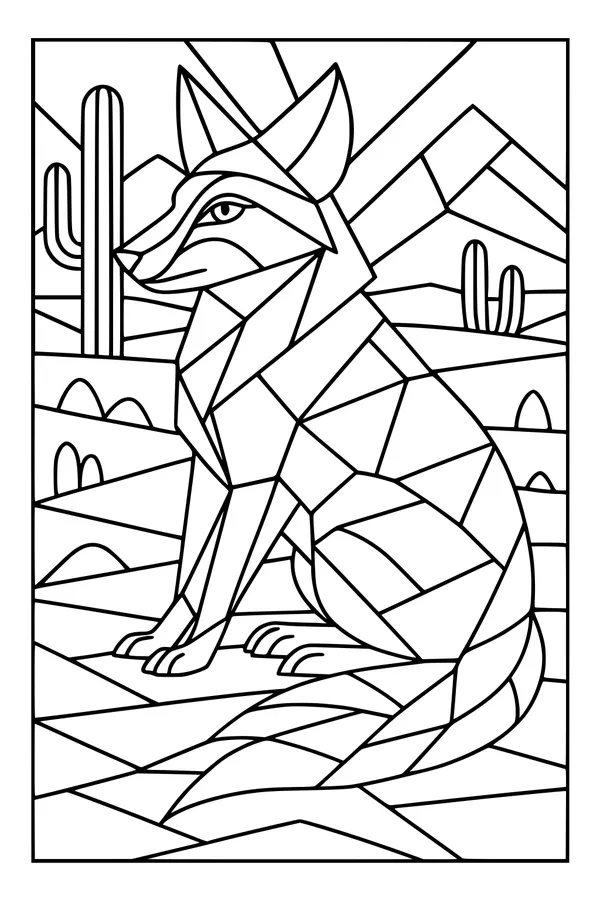 Free Coyote Coloring Page - Geometric Desert Scene With Cactus (Printable PDF)