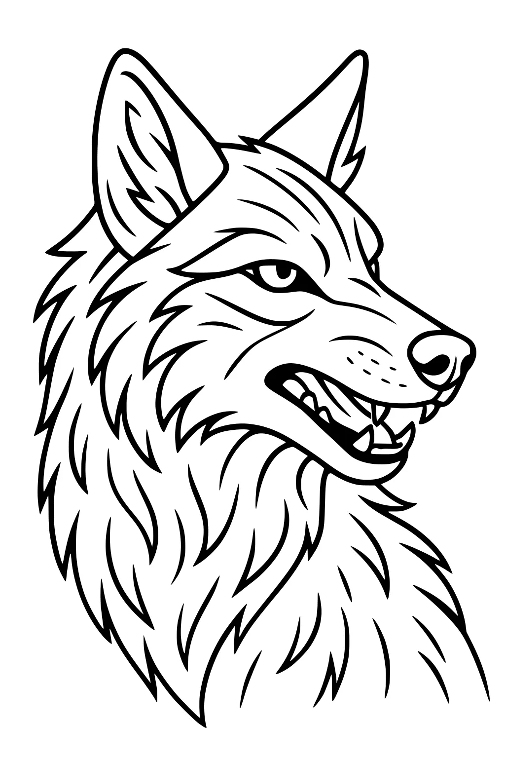 Outline drawing of a coyote's head with fluffy fur, pointy ears, a big toothy grin, and sharp eyes, close-up view.
