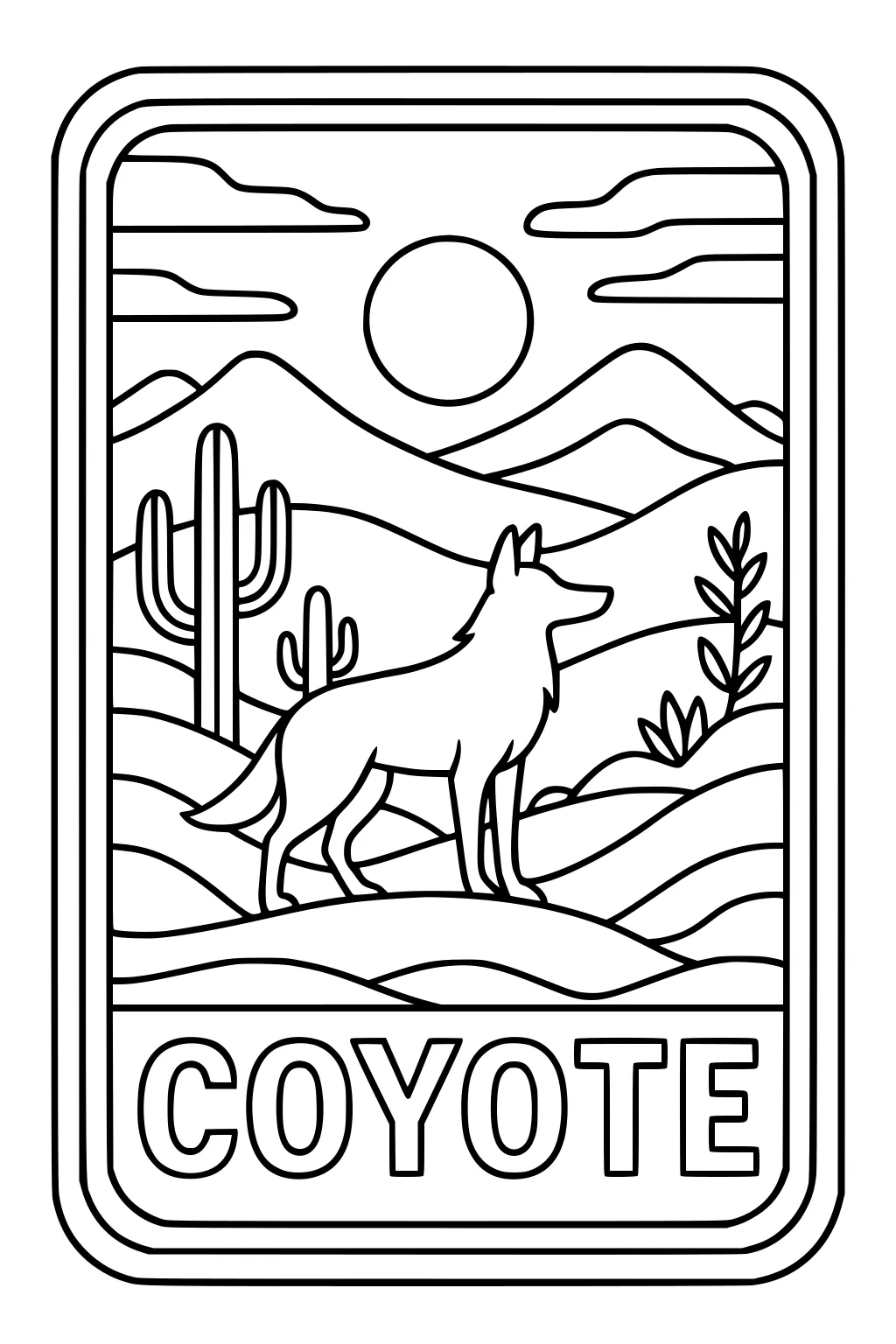 Coyote standing in a desert with cacti, hills, mountains, sun, and clouds. COYOTE written at the bottom.