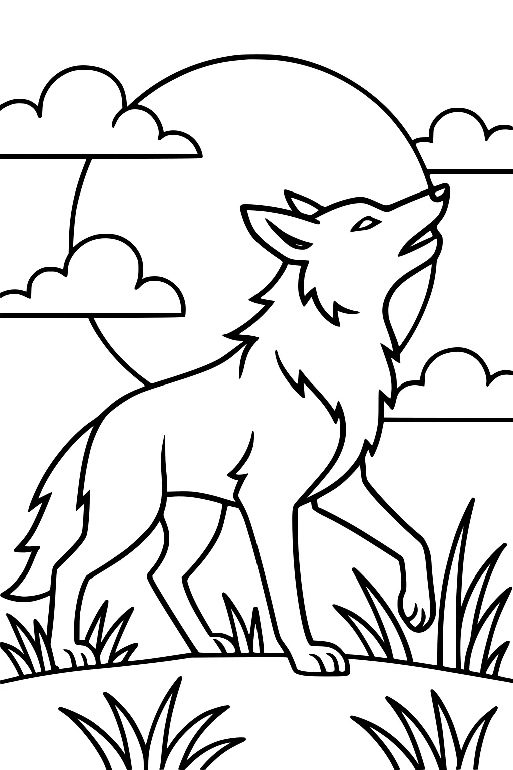 Coyote on a hill howling at a full moon with clouds and grass around.