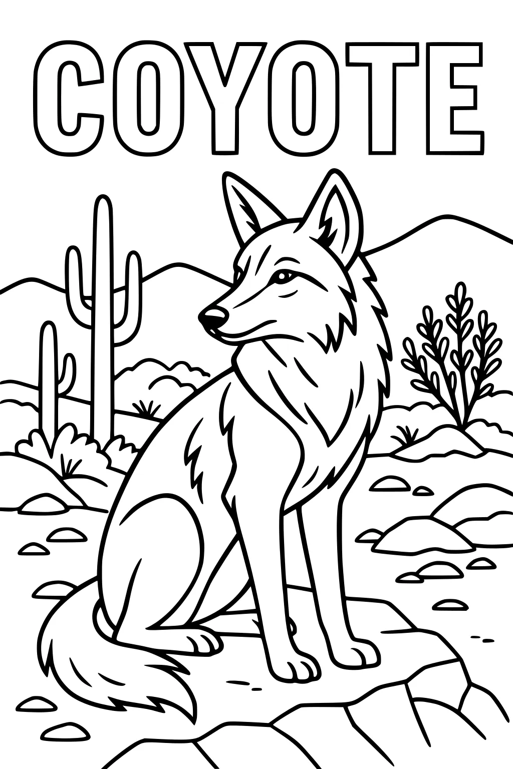 Coyote sitting on a rock in the desert with cacti, bushes, rocks, and mountains in the background.