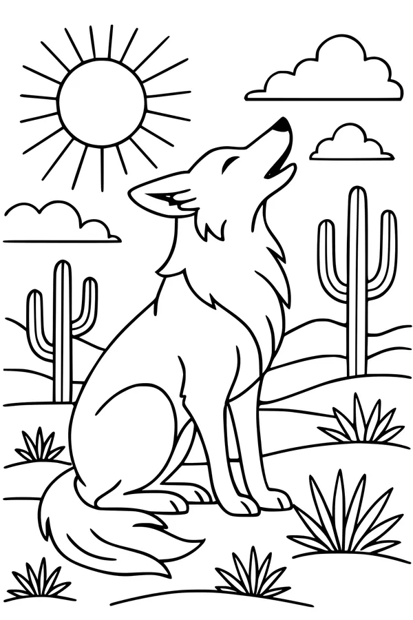 Free Coyote Coloring Page - Howling in the Sunny Desert (Printable PDF)