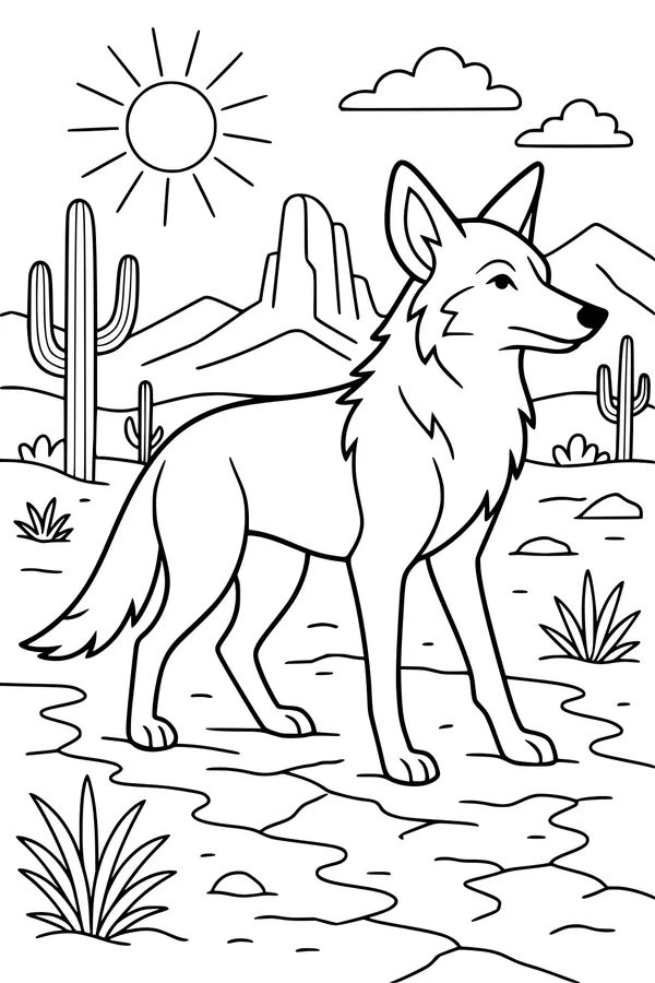 Free Coyote Coloring Page - Watchful Desert Scene (Printable PDF)