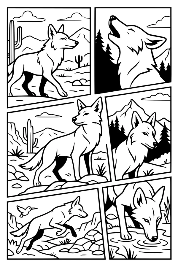 Free Coyote Coloring Page - Desert Adventure In Six Fun Panels (Printable PDF)