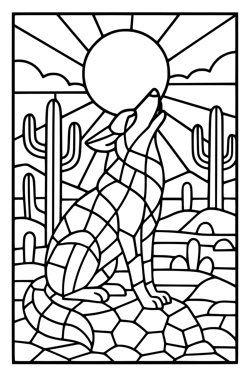 Coyote howling at a big sun, sitting on rocks with cactuses and hills in the desert background.