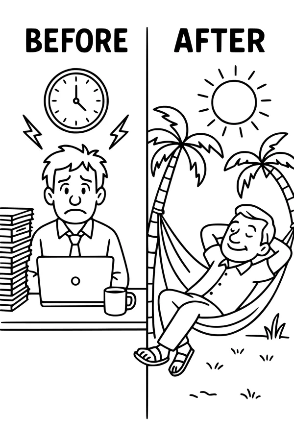 Free Retirement Coloring Page - From Busy Office Desk to Beach Hammock (Printable PDF)