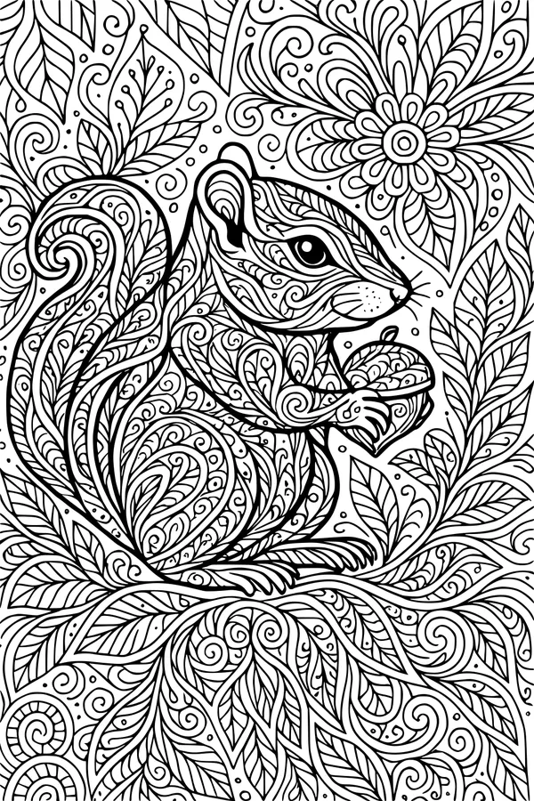 Free Chipmunk Coloring Page - Acorn Collector in Swirling Forest (Printable PDF)