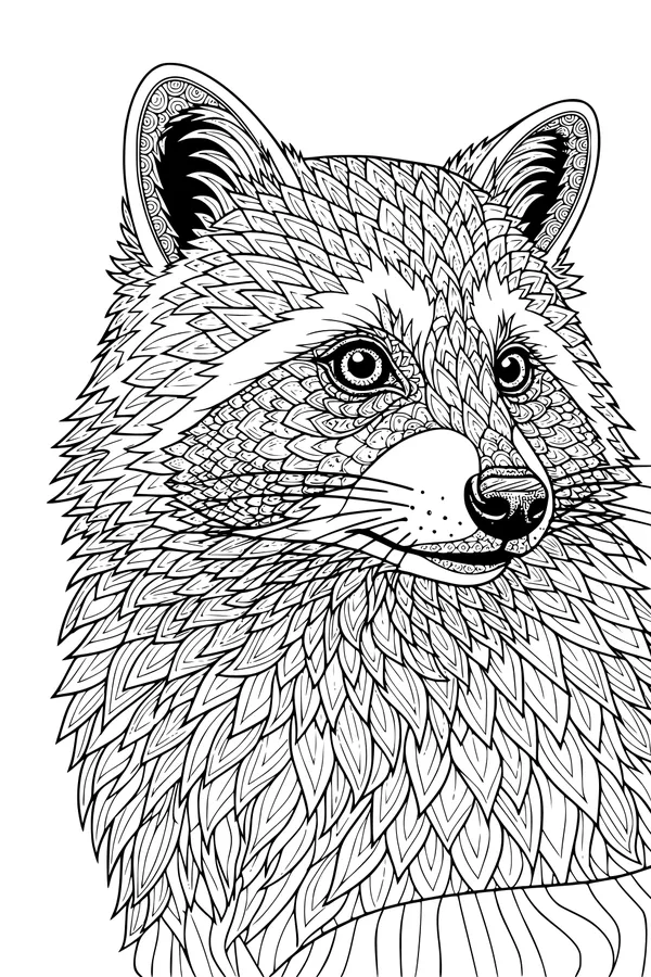 Free Raccoon Coloring Page - Close-Up Patterned Face (Printable PDF)