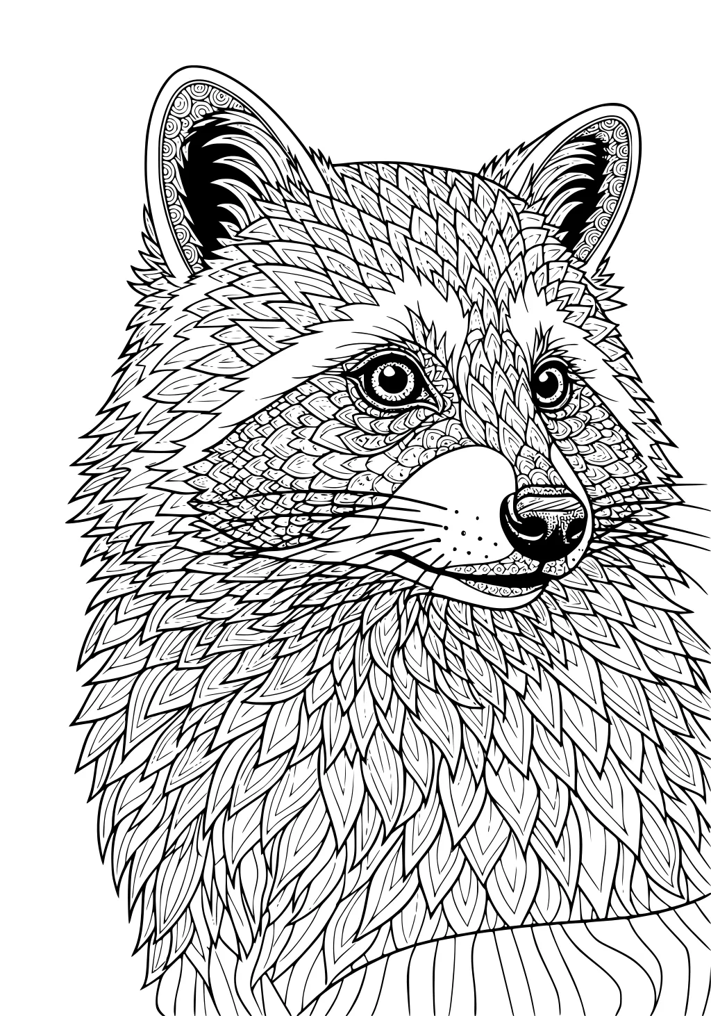 Black and white line drawing of a raccoon face with intricate fur and pattern details.