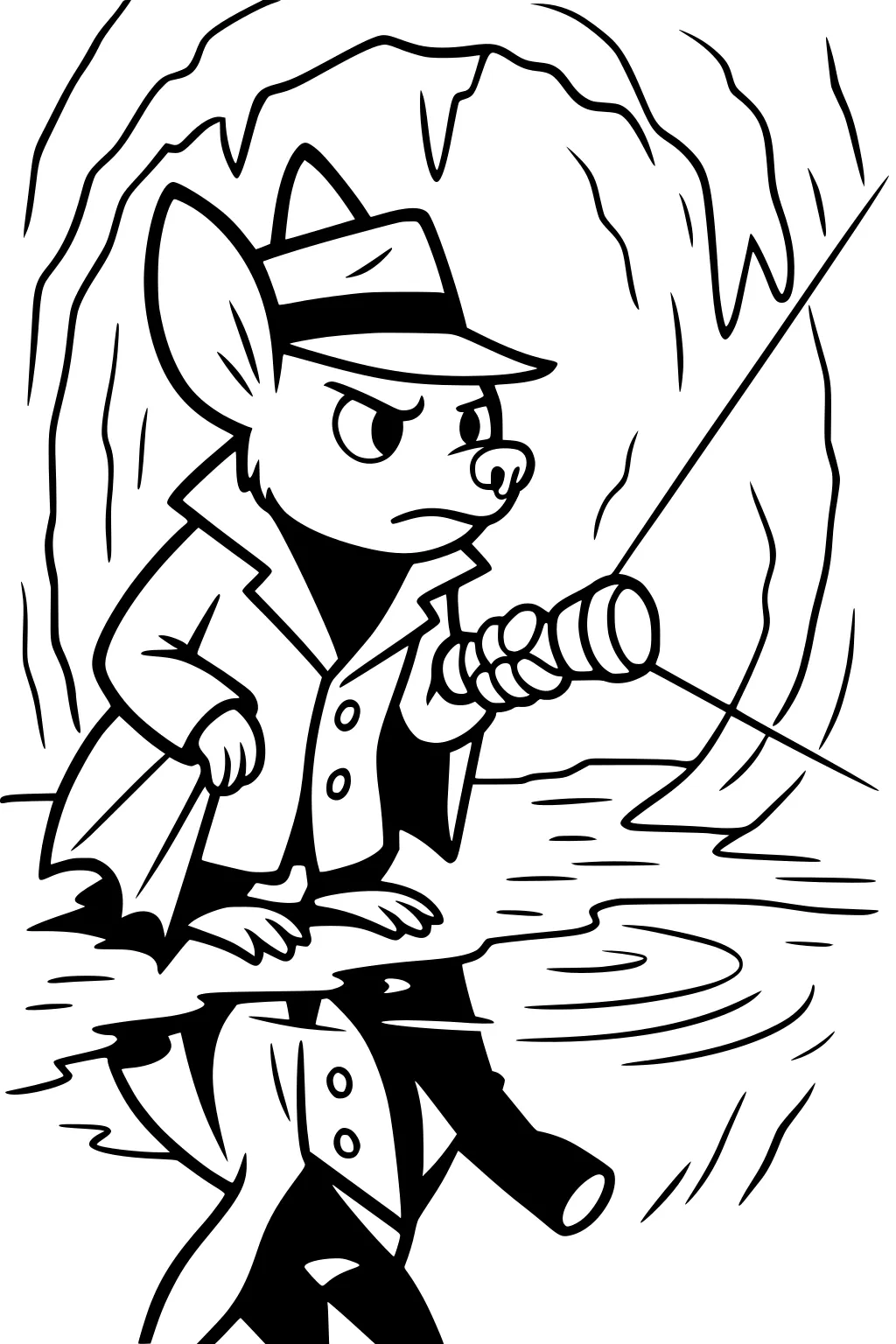 Cartoon bat in detective outfit holding flashlight, standing in cave with reflection on wet ground.