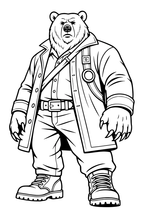 Free Bear Coloring Page - Detective Bear in Coat and Boots (Printable PDF)