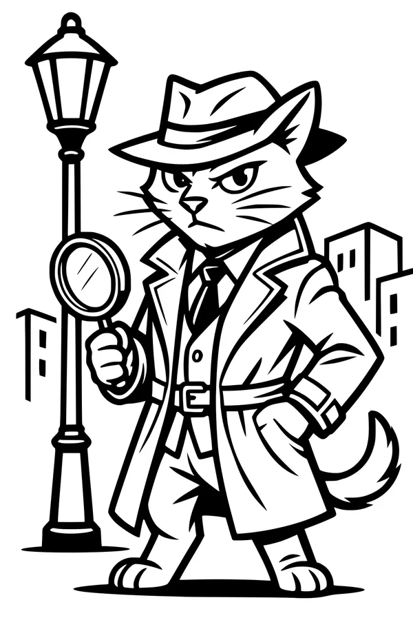 Free Detective Cat Coloring Page - City Streetlamp Mystery (Printable PDF)