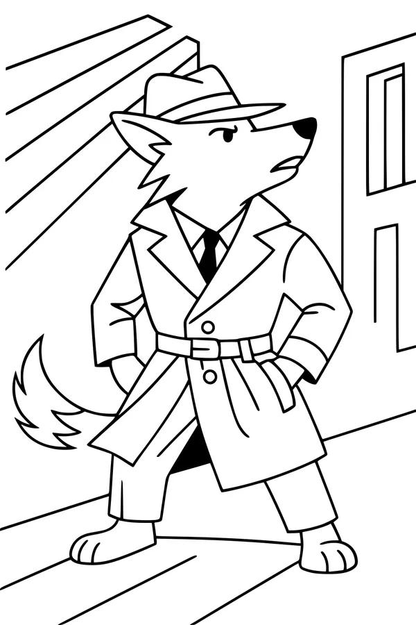 Free Coyote Coloring Page - Cartoon Detective in the City (Printable PDF)