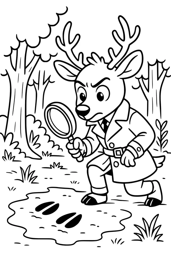 Free Deer Coloring Page - Detective Deer Solving Forest Hoofprint Mystery (Printable PDF)