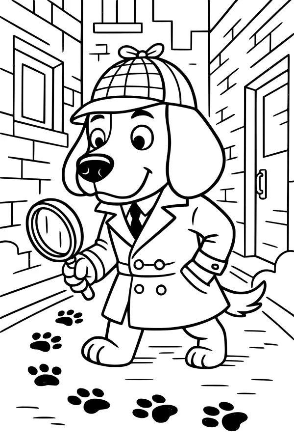 Free Dog Detective Coloring Page - Cartoon Pup Solving a Mystery in the City Alley (Printable PDF)