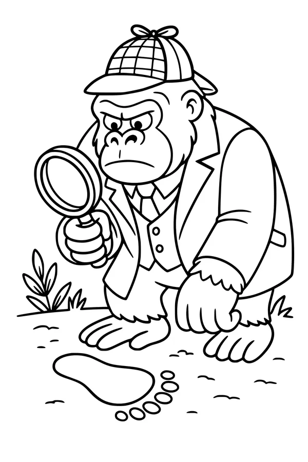 Free Gorilla Coloring Page - Detective Ape Solving a Jungle Mystery (Printable PDF)