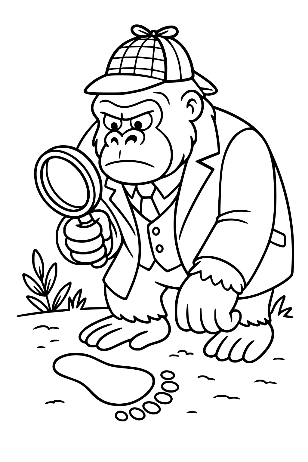 Gorilla in detective outfit looking at a large footprint with a magnifying glass.