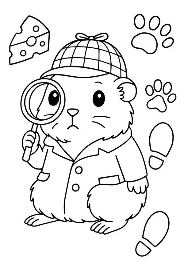 Free Guinea Pig Coloring Page - Detective With Cheese Clue (Printable PDF)