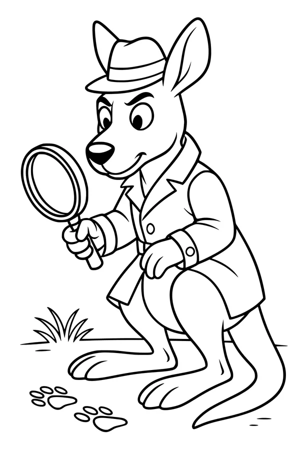 Free Kangaroo Coloring Page - Detective Roo Follows Animal Tracks (Printable PDF)