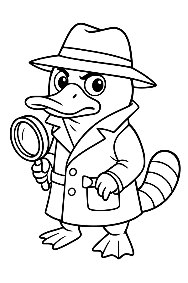 Free Platypus Coloring Page - Detective Platypus Solving a Mystery (Printable PDF)