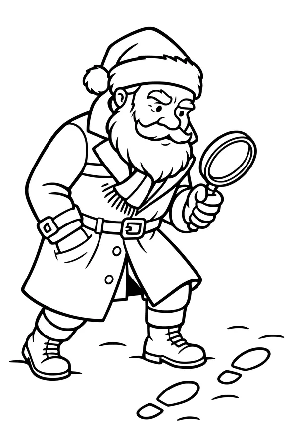 Free Santa Claus Coloring Page - Detective Follows Snowy Footprints (Printable PDF)