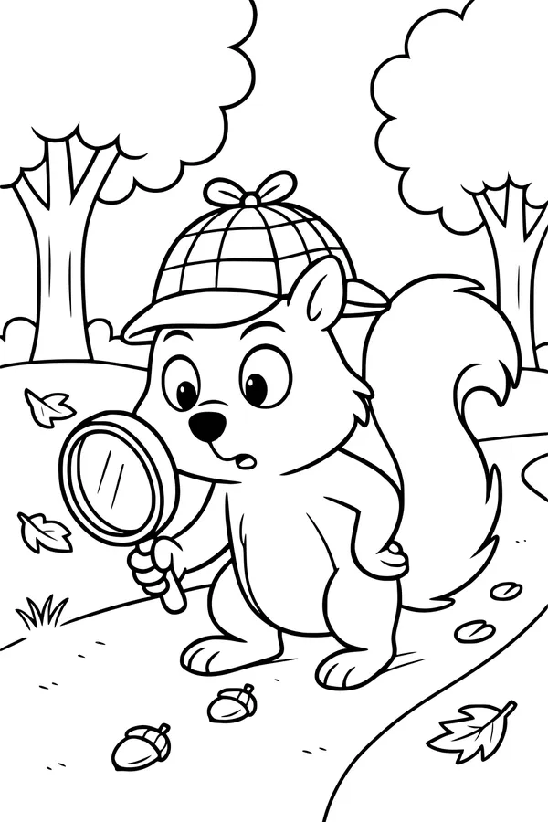 Free Squirrel Coloring Page - Detective Sherlock Squirrel With Acorn Clues (Printable PDF)