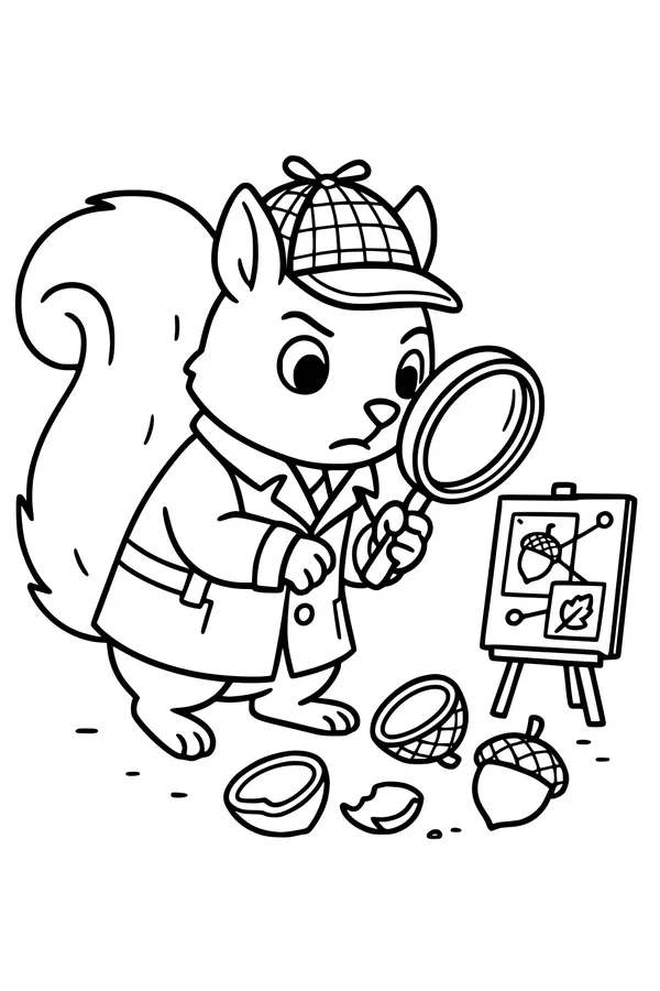Free Squirrel Coloring Page - Detective Solving Nutty Clues (Printable PDF)