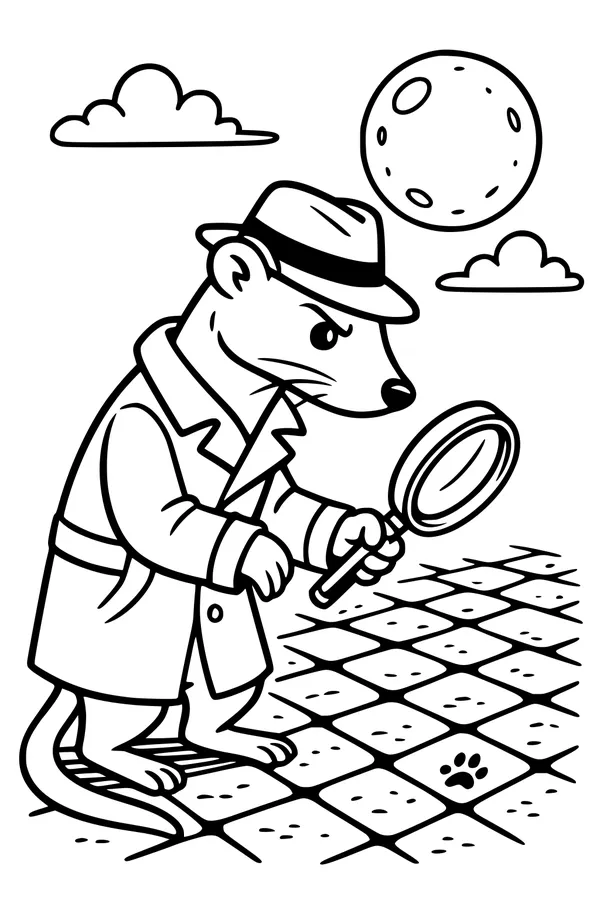 Free Weasel Coloring Page - Detective Weasel Solves a Moonlit Mystery (Printable PDF)