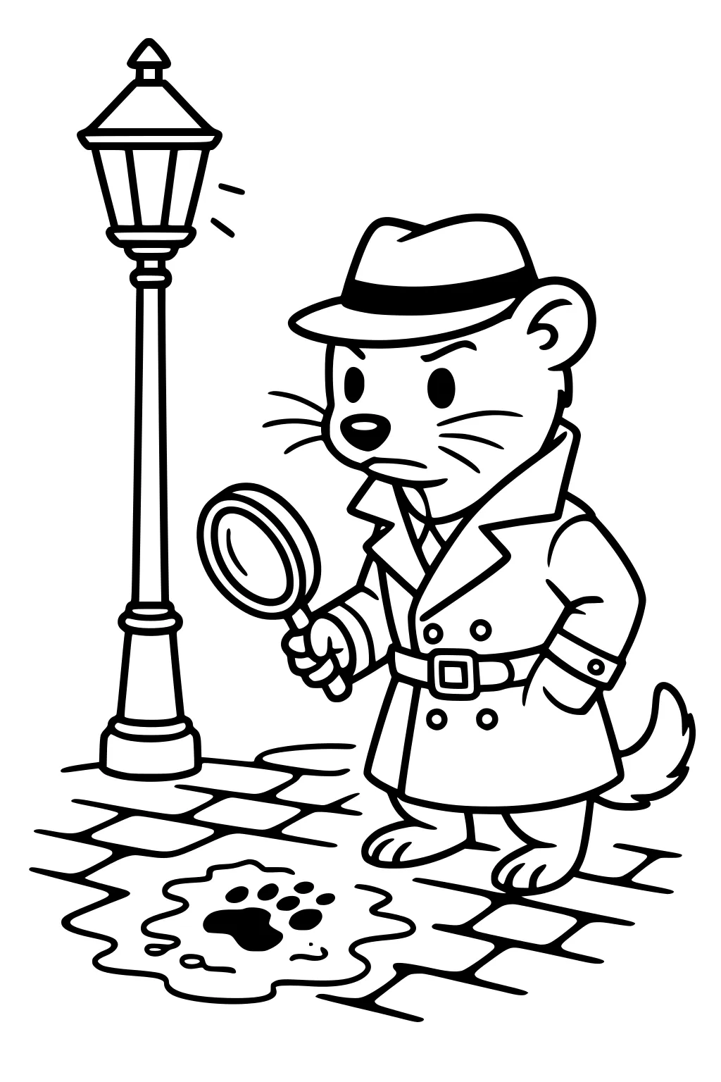 Weasel in trench coat and hat uses magnifying glass to inspect paw print under streetlamp on cobblestone path.