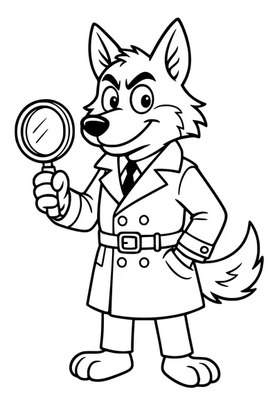 Free Wolf Coloring Page - Cartoon Detective With Magnifying Glass (Printable PDF)