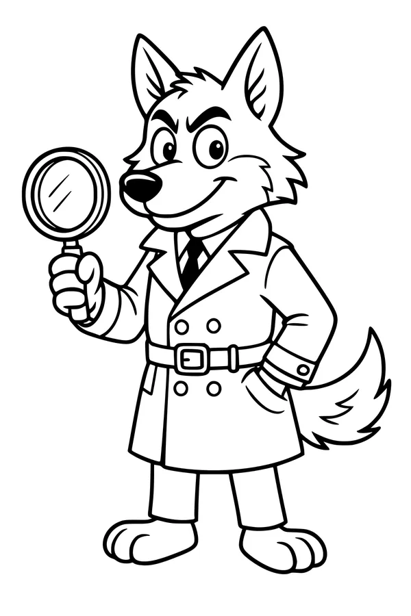 Free Wolf Coloring Page - Cartoon Detective With Magnifying Glass (Printable PDF)