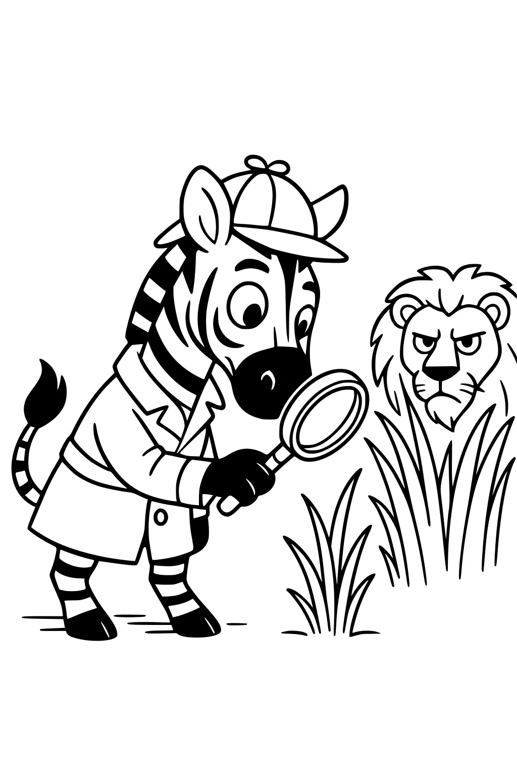 Cartoon zebra in detective coat and hat uses a magnifying glass near tall grass while a lion peeks from behind the blades.