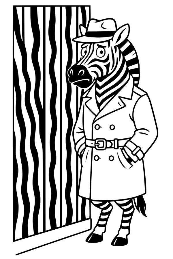 Free Zebra Coloring Page - Detective Zebra by Striped Door (Printable PDF)