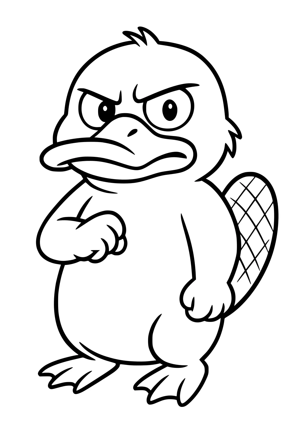 Cartoon platypus standing upright, looking grumpy, with clenched fist and wide bill. Its flat tail is shown with crosshatch texture.