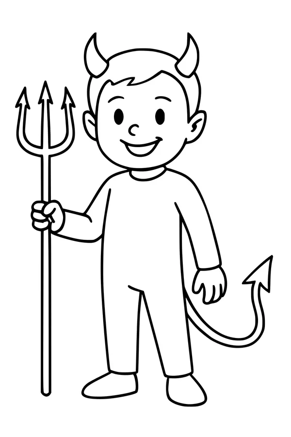 Free Devil Boy Coloring Page - Halloween Costume With Trident (Printable PDF)