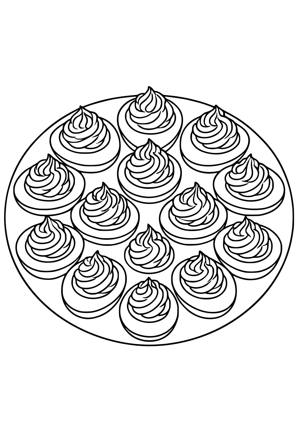 Round platter packed with deviled eggs, each egg half topped with a swirled filling, arranged in neat rings across the plate.