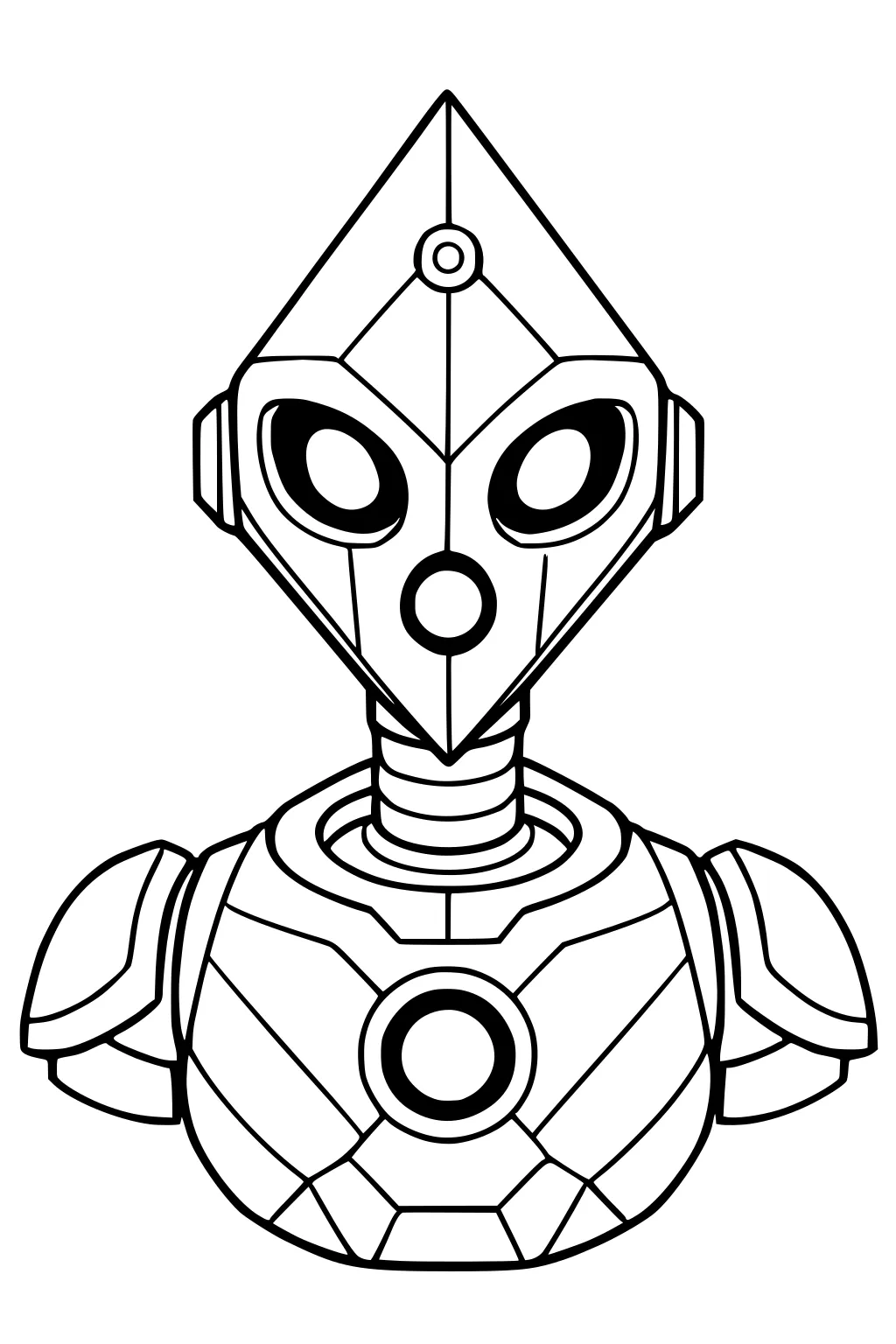 Robot with diamond-shaped head, oval eyes, round speaker mouth, ringed neck, round torso core, and shoulder plates in bold outline.