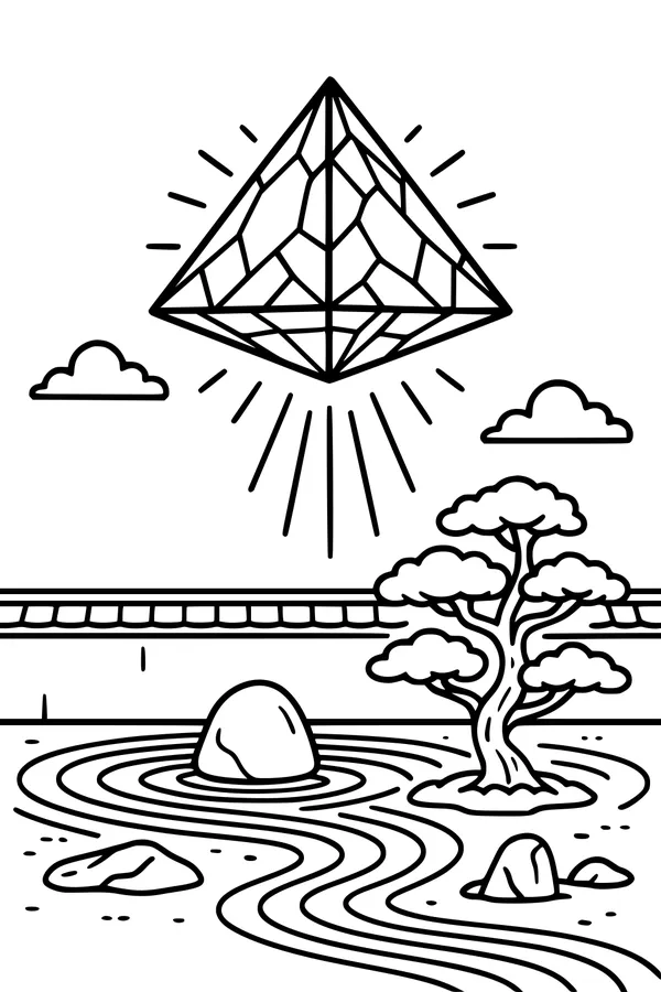 Free UFO Coloring Page - Diamond Gemship Over Zen Garden (Printable PDF)