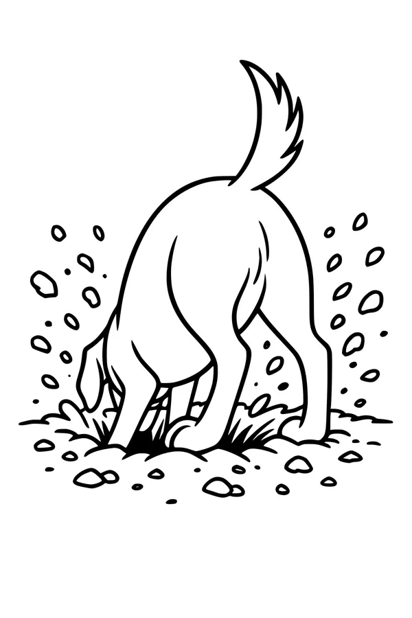 Free Dog Coloring Page - Silly Digging Dog in Flying Dirt (Printable PDF)
