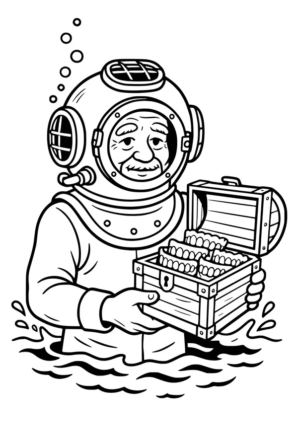 Free Grandpa Diver Coloring Page - Funny Underwater Denture Treasure (Printable PDF)