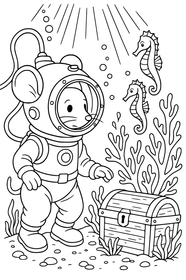Free Mouse Coloring Page - Scuba Diver With Sunken Treasure (Printable PDF)