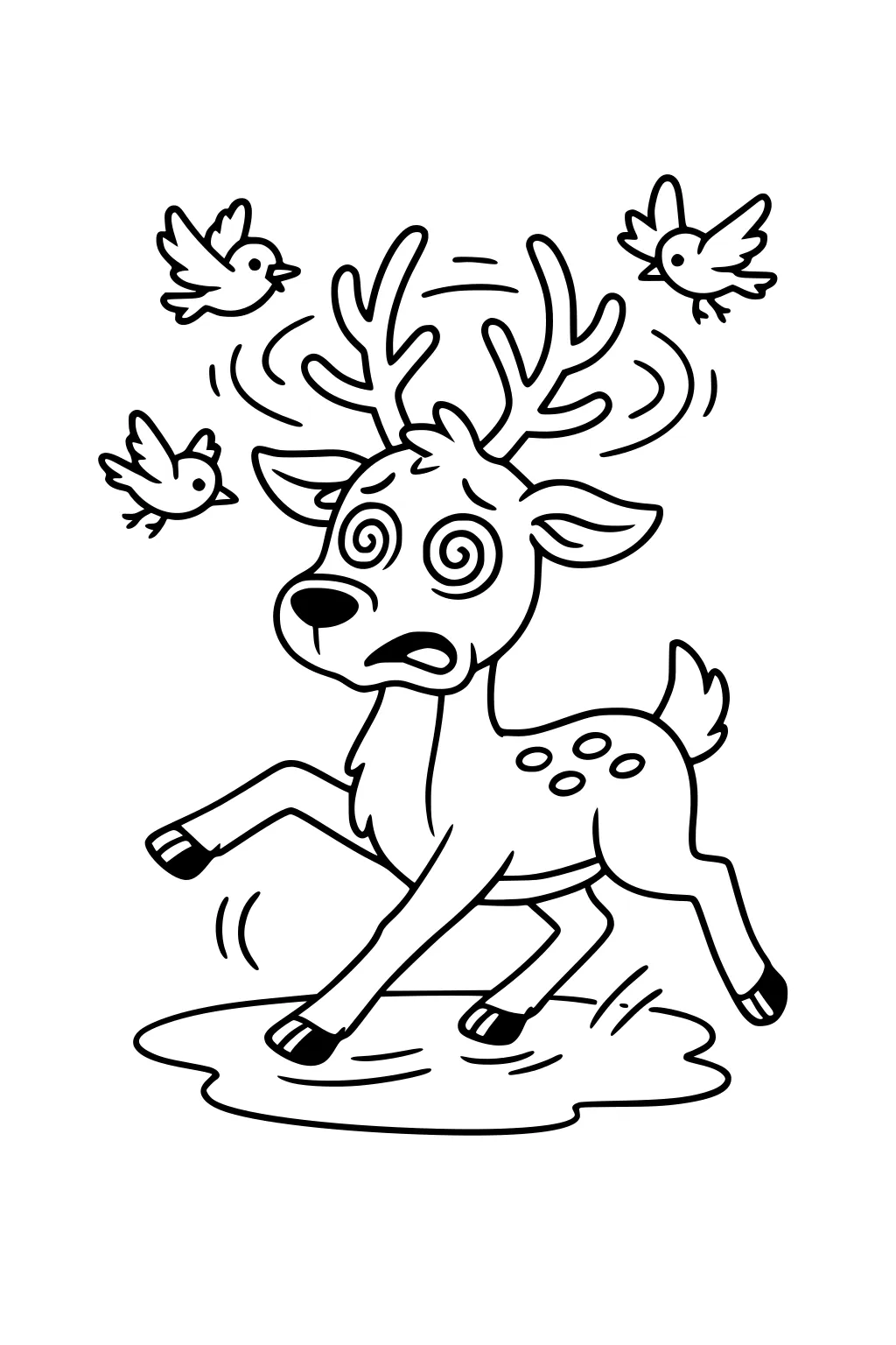 Cartoon deer with spiraled eyes slips in a puddle while three small birds fly around his antlers.